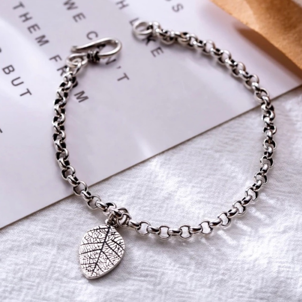 VINTAGE 925 STERLING SILVER LEAF PENDANT BRACELET